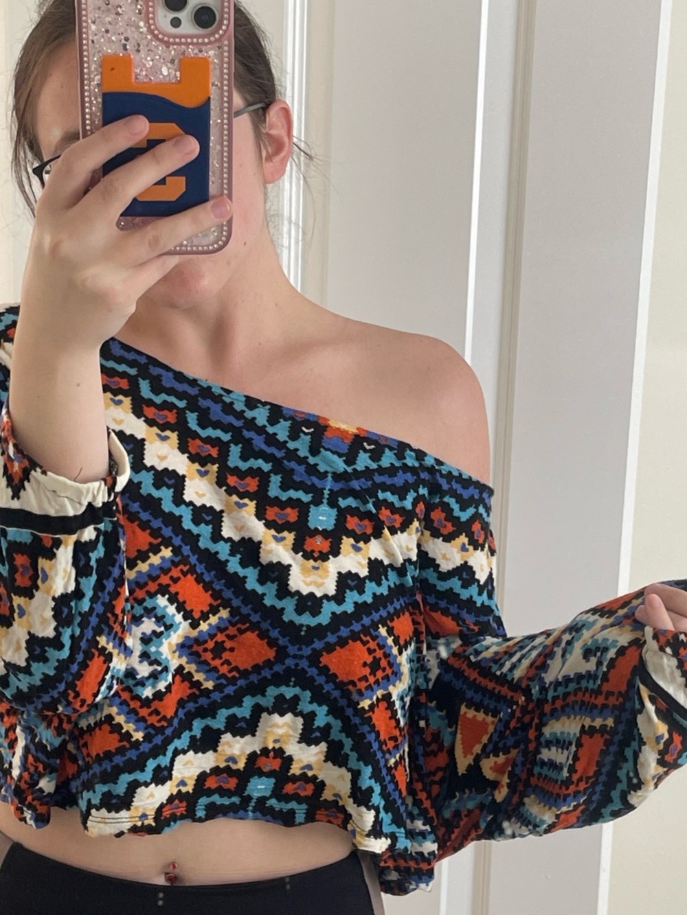 Off-Shoulder Cropped Blouse in Multicolor Geo Print